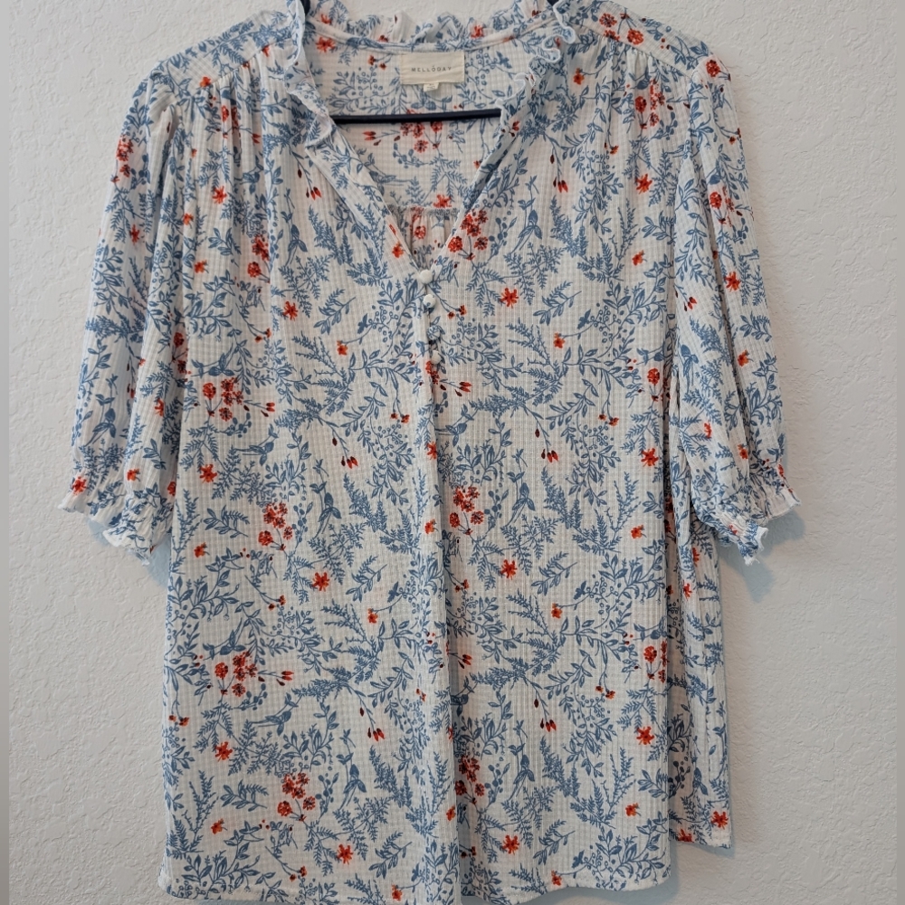 Melloday White Red Blue Floral V neck Short Sleeve Blouse XL